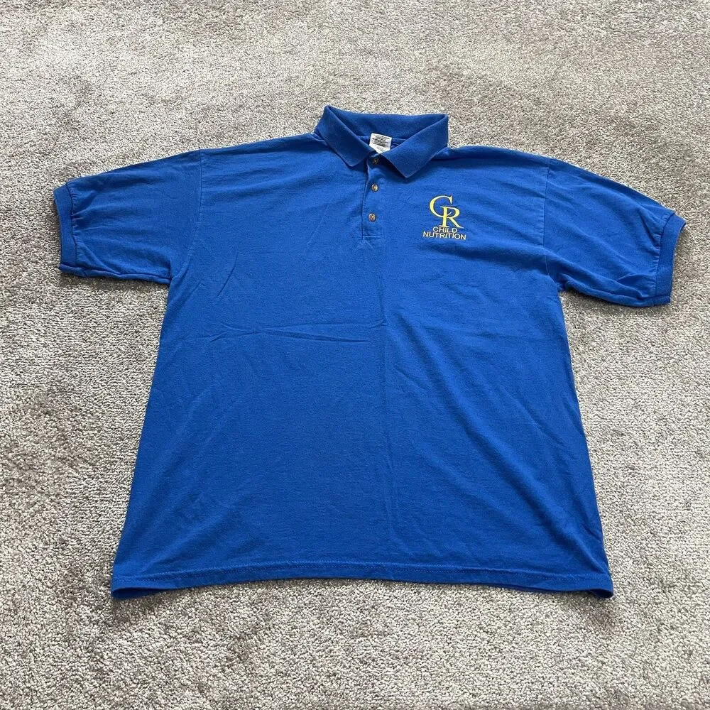 Gildan Dry Blend Polo Shirt Mens Large Blue Collared Child Nutriotion Logo Rugby